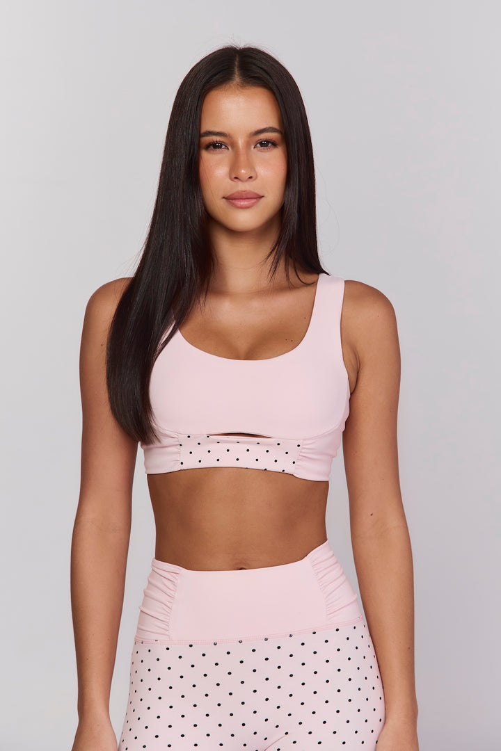 Astoria Luxe Balance Ruched Sports Crop - Baby Pink Polka