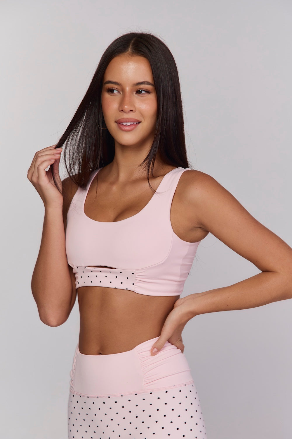 Astoria Luxe Balance Ruched Sports Crop - Baby Pink Polka