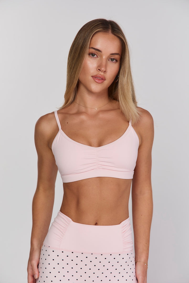Astoria Luxe Balance Ruched Sports Bra - Baby Pink Polka