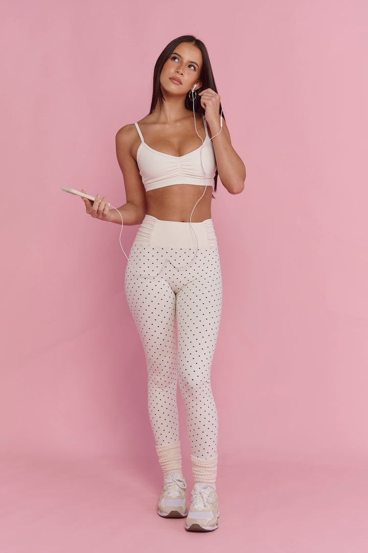 Astoria Luxe Balance Ruched Sports Bra - Cream Polka