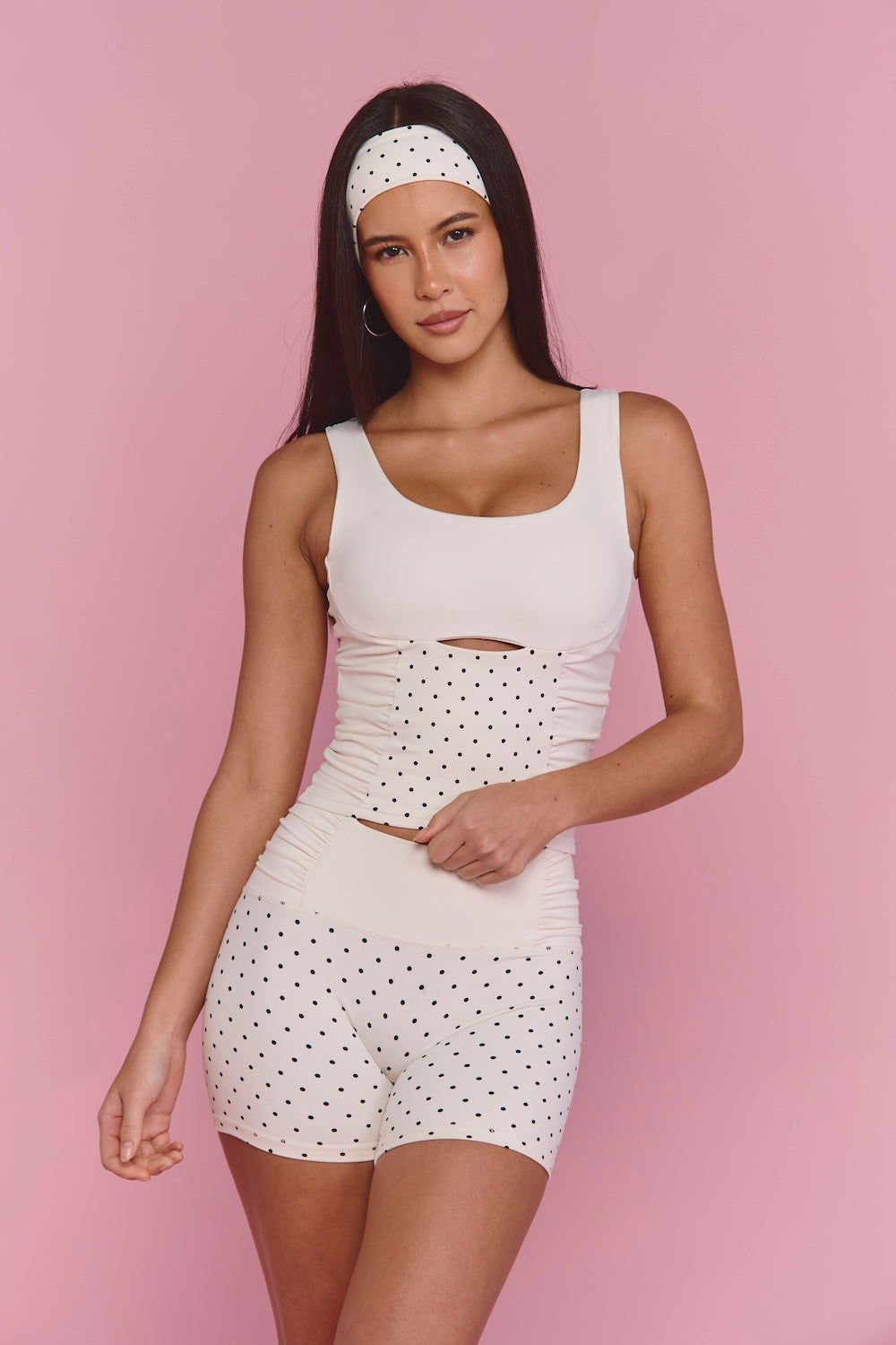 Astoria Luxe Balance Ruched Sport Tank - Cream Polka