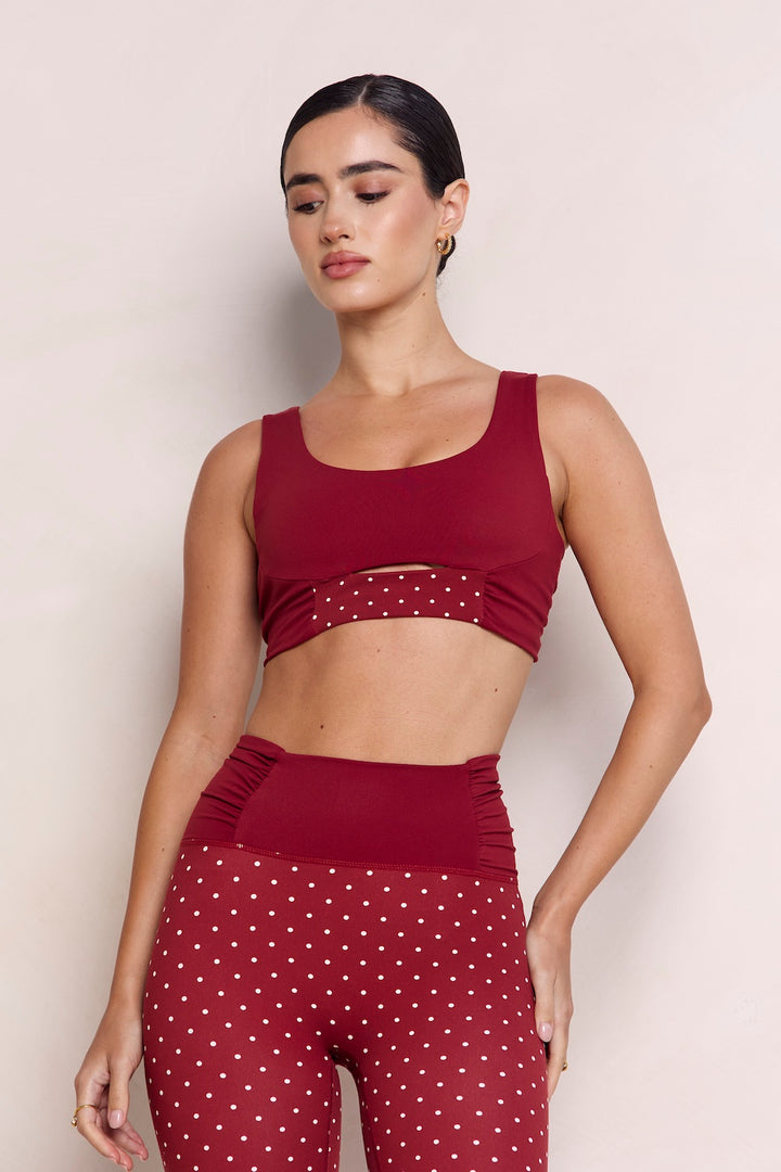 Astoria Luxe Balance Ruched Sports Crop - Merlot Polka
