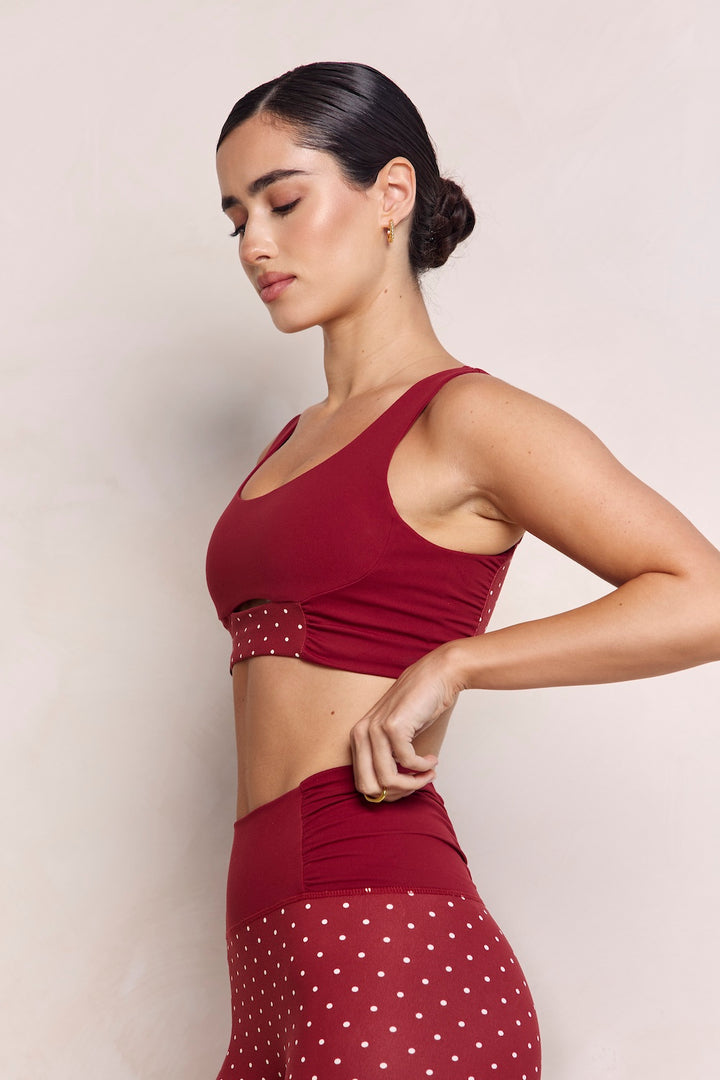 Astoria Luxe Balance Ruched Sports Crop - Merlot Polka