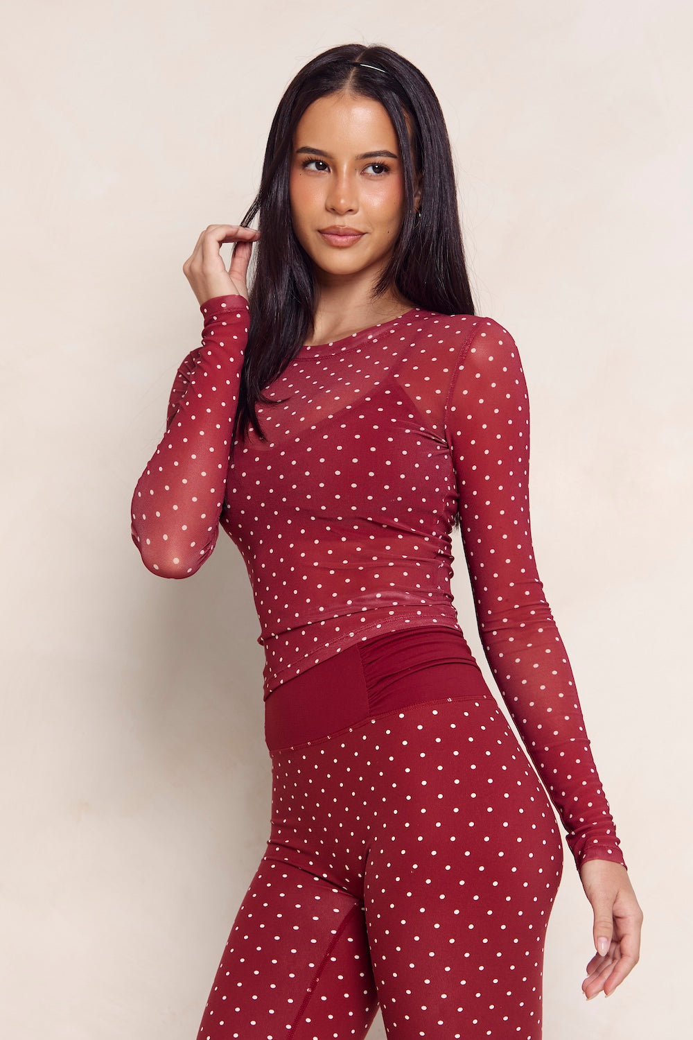 Astoria Mesh Long Sleeve Top - Merlot Polka
