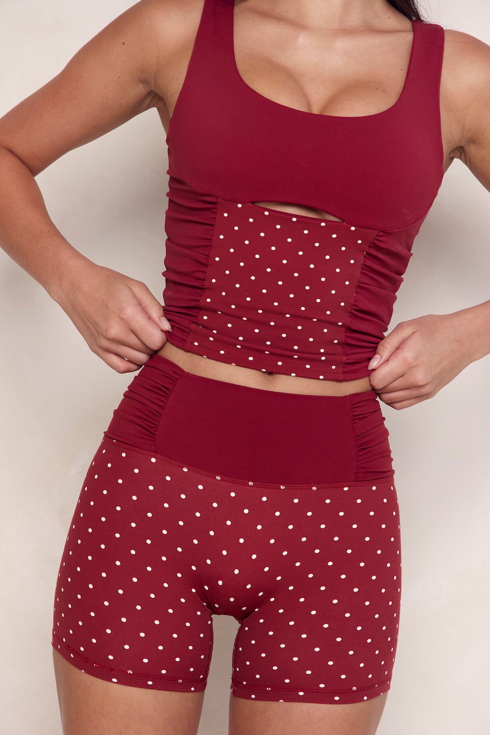 Astoria Luxe Balance Ruched Sport Tank - Merlot Polka