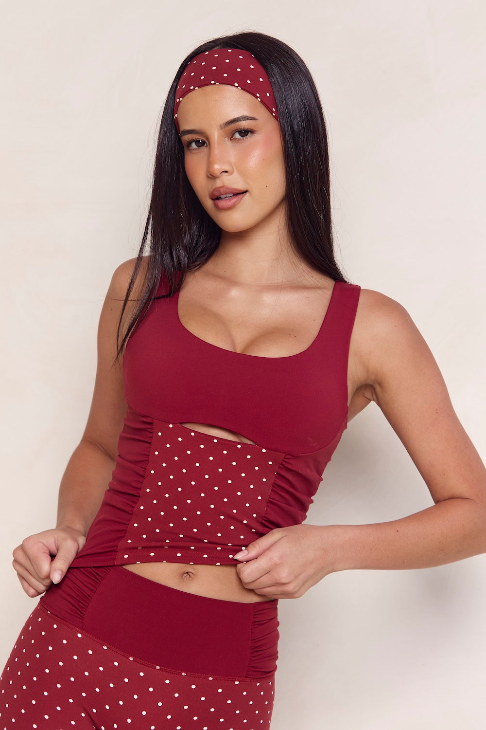 Astoria LUXE BALANCE Ruched Sport Tank - Merlot Polka