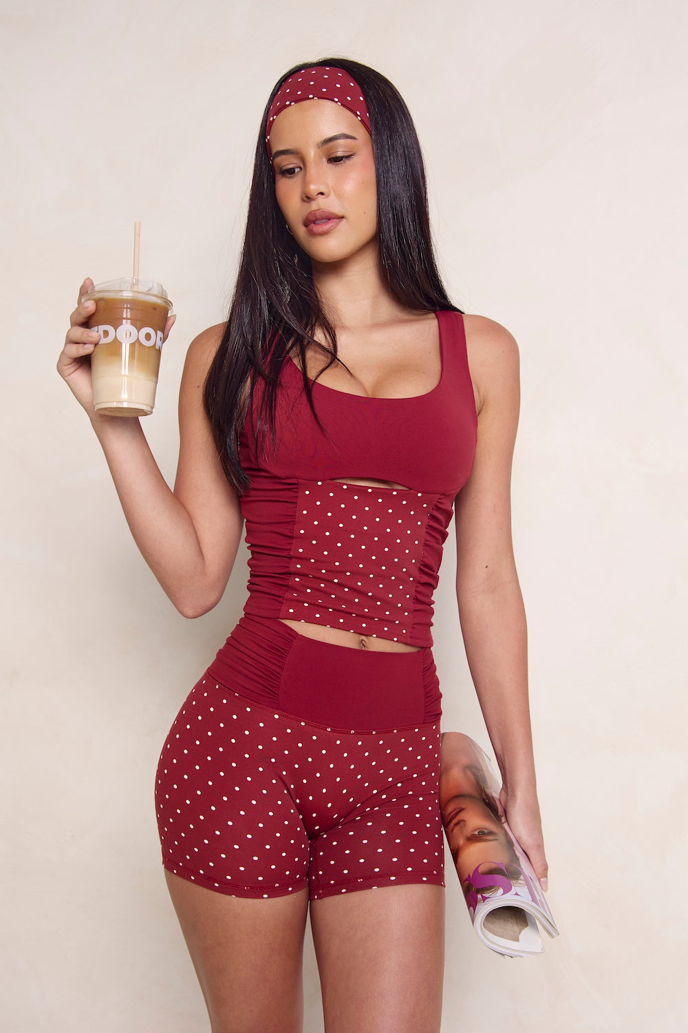 Astoria Luxe Balance Ruched Sport Tank - Merlot Polka