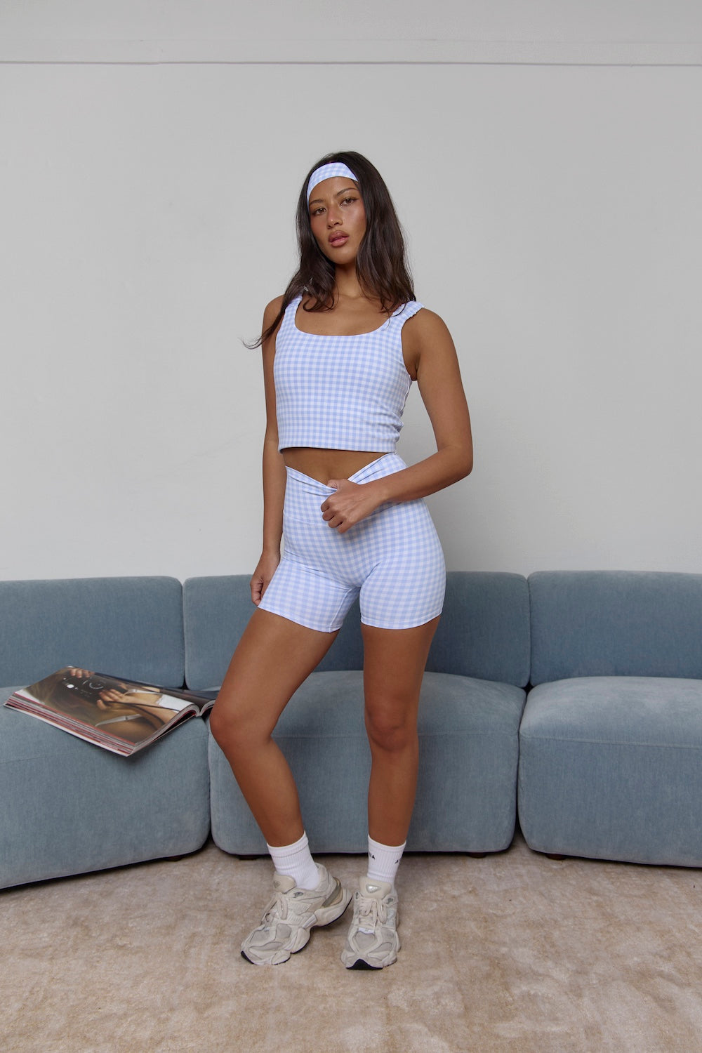 Astoria LUXE BALANCE Long Length Ruched Sports Crop - Blue Gingham