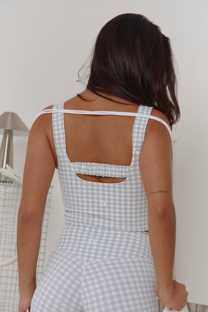Astoria Luxe Balance Long Length Ruched Sports Crop - Jade Gingham