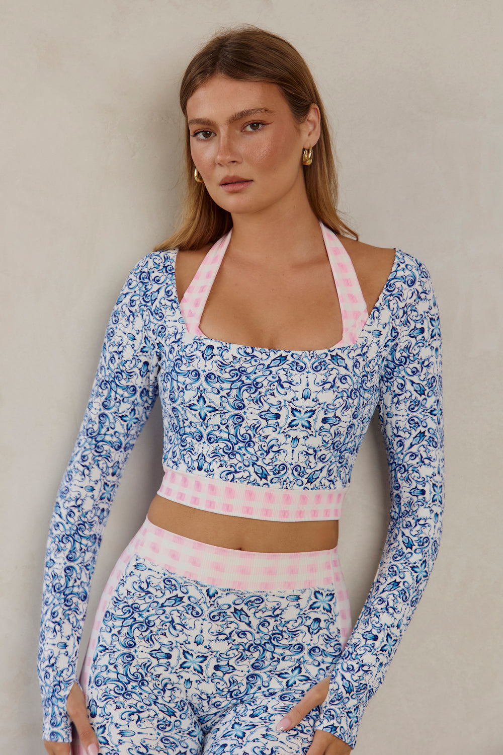 Astoria Seamless Ribbed Squareneck Sleeved Crop - Porceflora