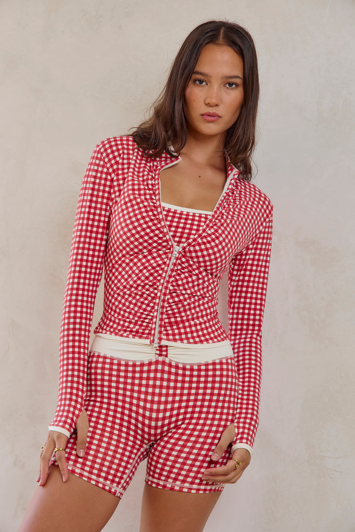 Astoria Luxe Balance Ruched Zip Up Jacket - Red Gingham