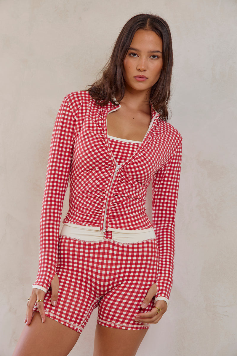 Astoria LUXE BALANCE Ruched Zip Up Jacket - Red Gingham