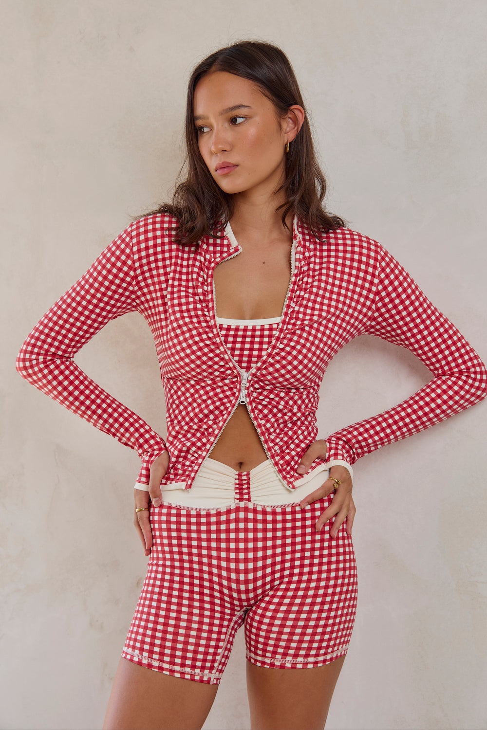 Astoria LUXE BALANCE Ruched Zip Up Jacket - Red Gingham
