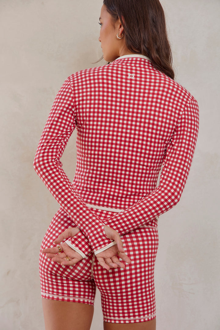 Astoria Luxe Balance Ruched Zip Up Jacket - Red Gingham