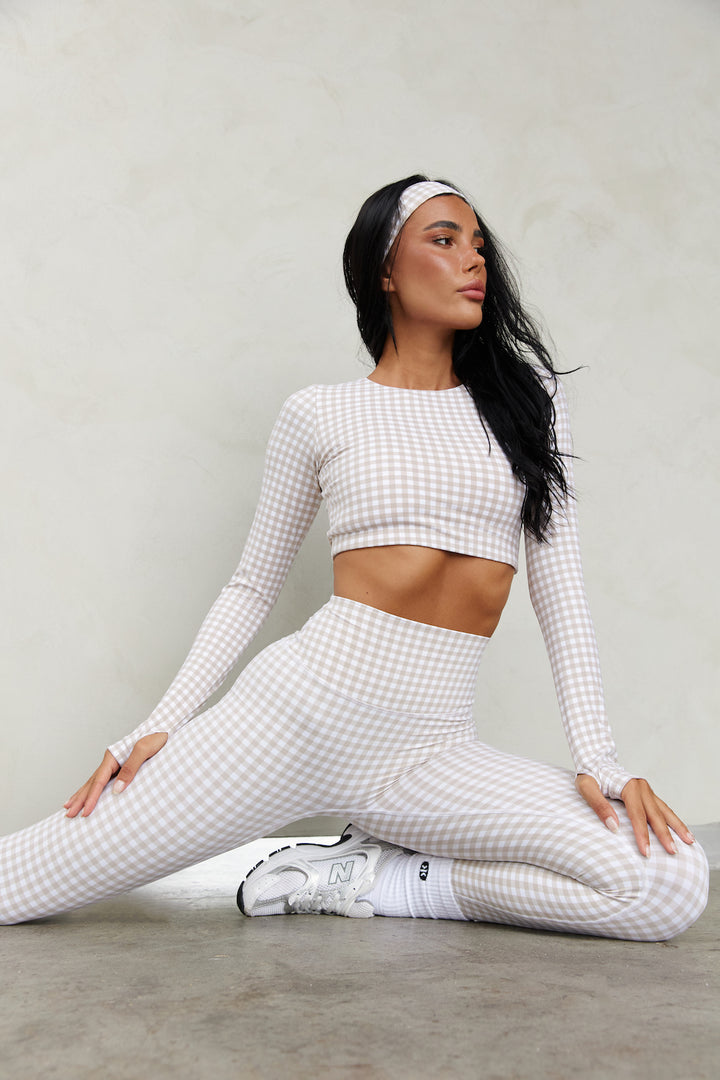Astoria Luxe Balance Staple Sleeved Crop - Beige Gingham