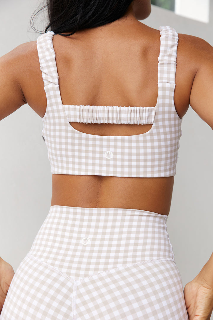 Astoria Luxe Balance Ruched Sports Crop - Beige Gingham
