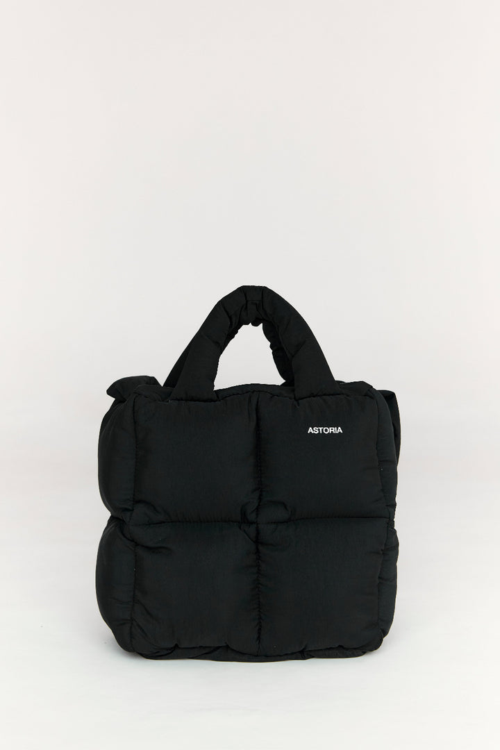Black puffer backpack with &