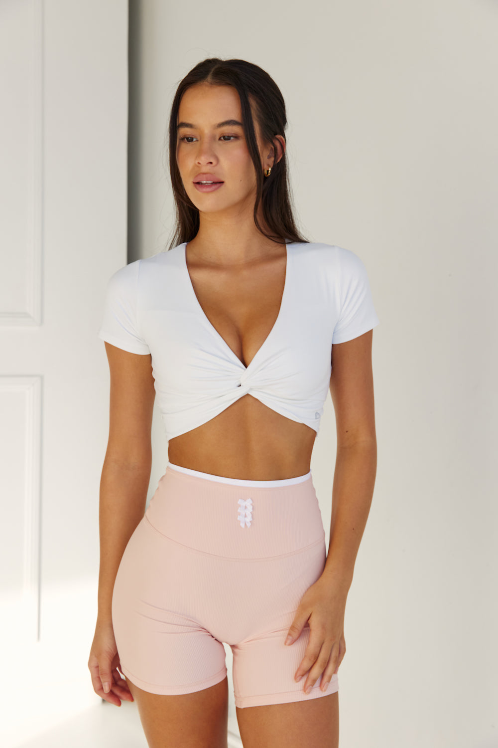 Astoria Live Luxe Front Crossed Quarter-Sleeve Crop - White