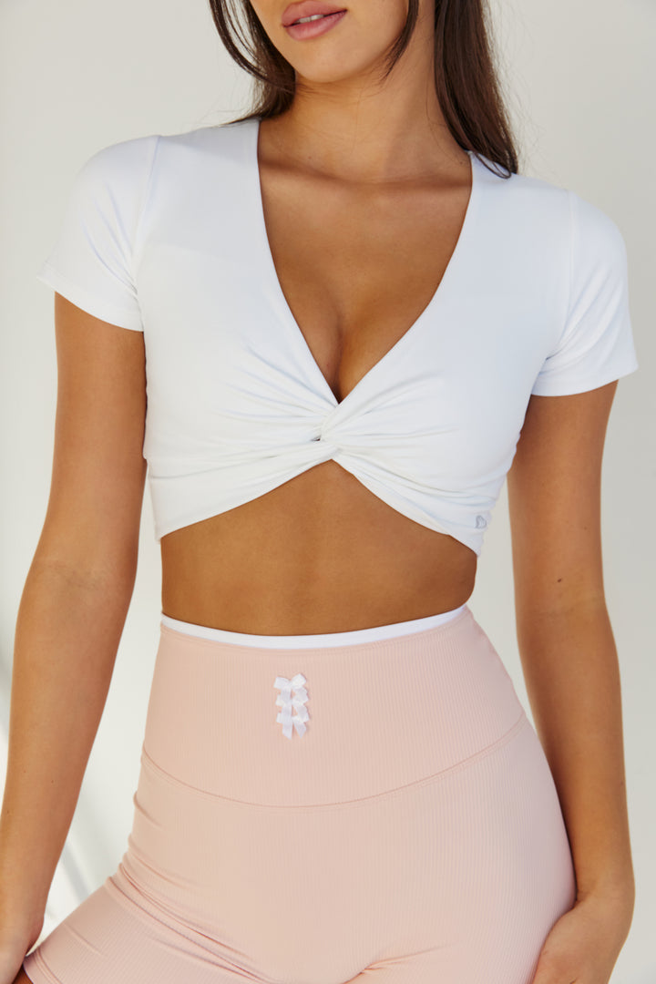 Astoria Live Luxe Front Crossed Quarter-Sleeve Crop - White